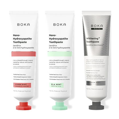 Three bottles of Boka Nano-Hydroxyapatite Toothpaste on a white background