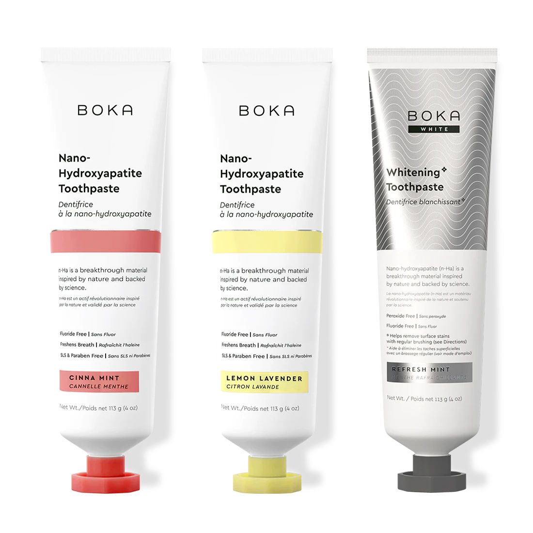 Three bottles of Boka Nano-Hydroxyapatite Toothpaste on a white background