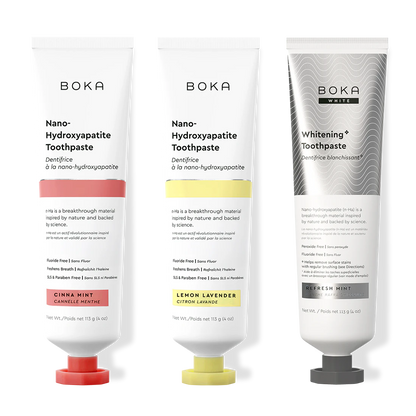 Three bottles of Boka Nano-Hydroxyapatite Toothpaste on a white background