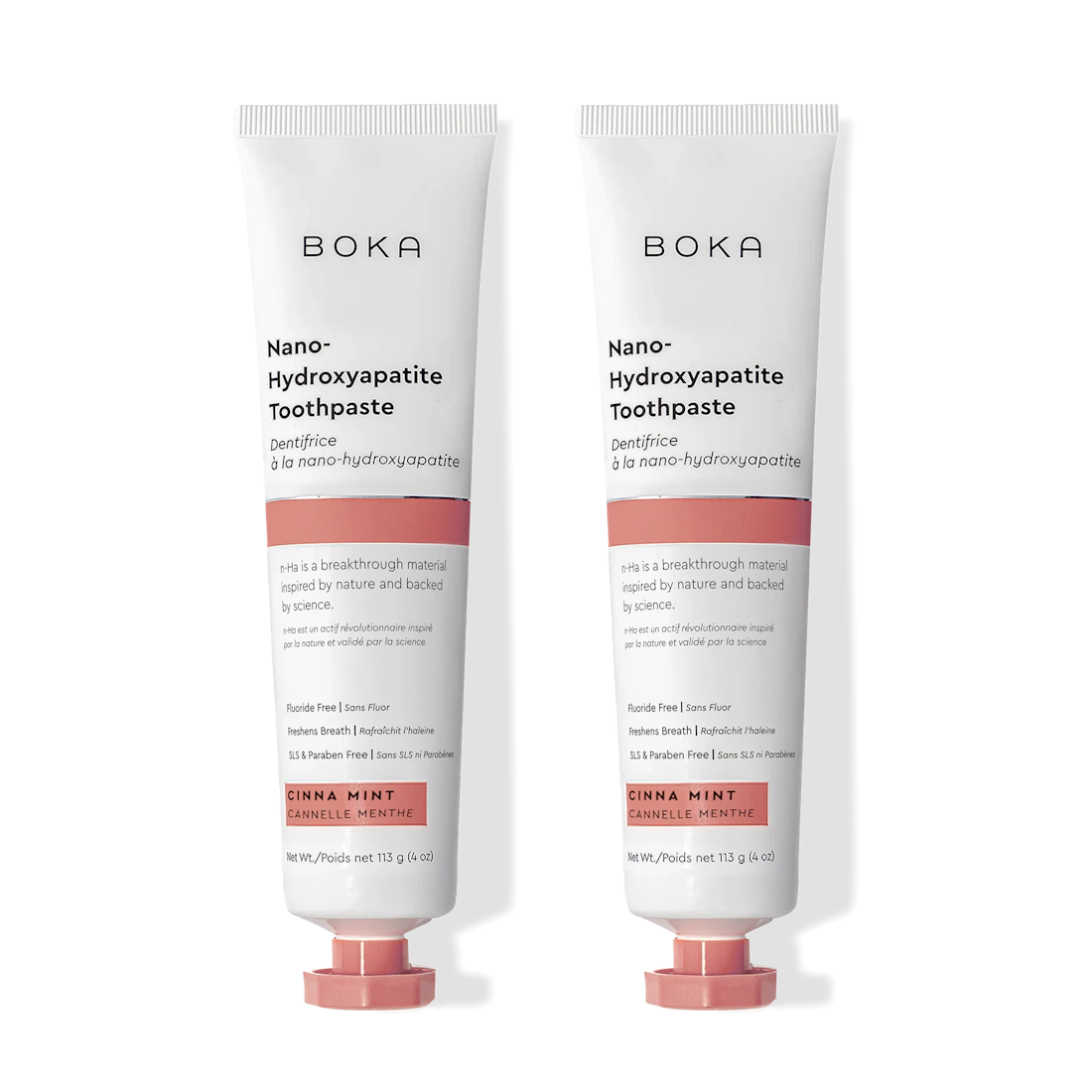 Two tubes of Boka Nano Hydroxyapatite Toothpaste on a white background