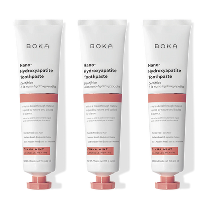 Three tubes of Boka Nano Hydroxyapatite Toothpaste on a white background