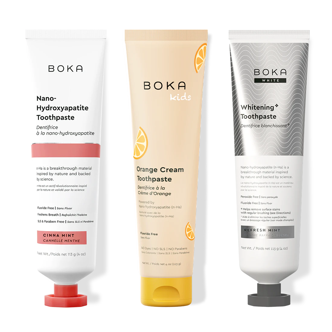 Three bottles of Boka Nano-Hydroxyapatite Toothpaste on a white background