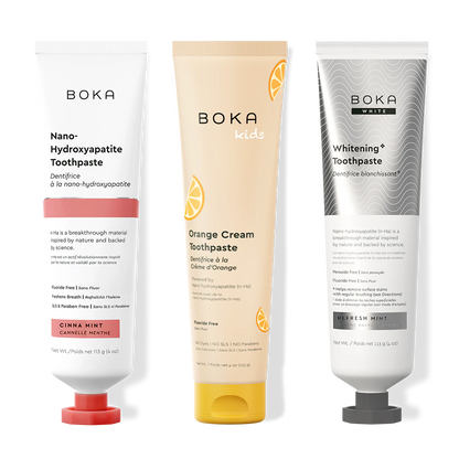 Three bottles of Boka Nano-Hydroxyapatite Toothpaste on a white background