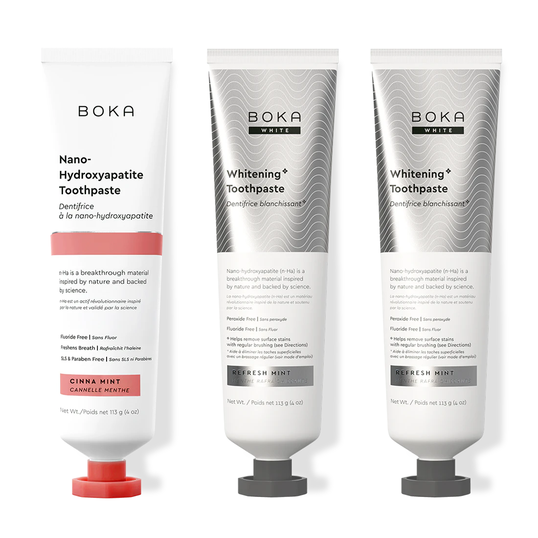 Three bottles of Boka Nano-Hydroxyapatite Toothpaste on a white background