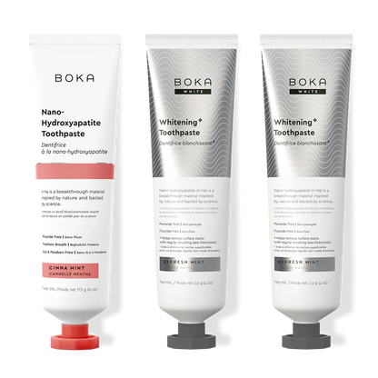 Three bottles of Boka Nano-Hydroxyapatite Toothpaste on a white background
