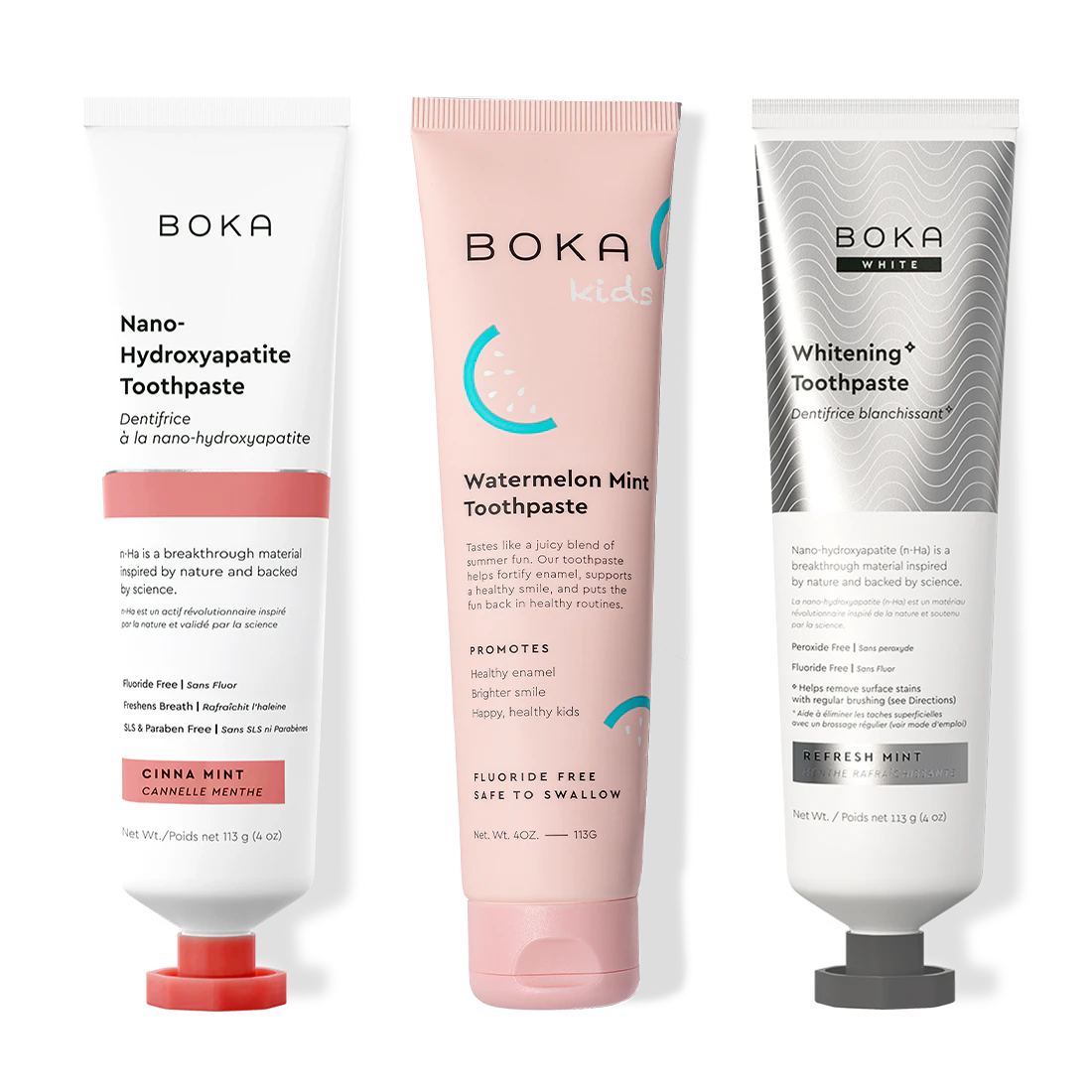 Three bottles of Boka Nano-Hydroxyapatite Toothpaste on a white background