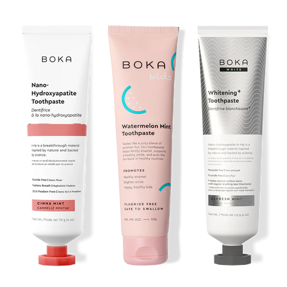 Three bottles of Boka Nano-Hydroxyapatite Toothpaste on a white background