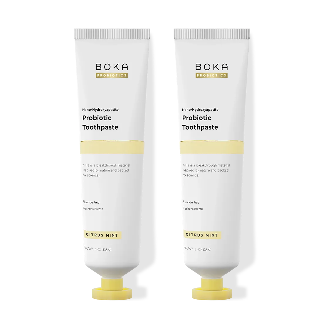 Two tubes of Boka Probiotic Toothpaste on a white background