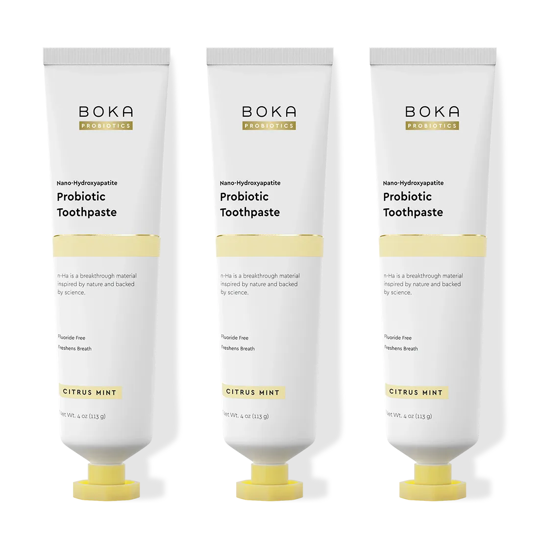Three tubes of Boka Probiotic Toothpaste on a white background