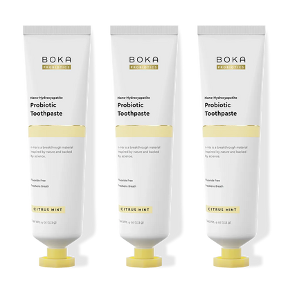 Three tubes of Boka Probiotic Toothpaste on a white background