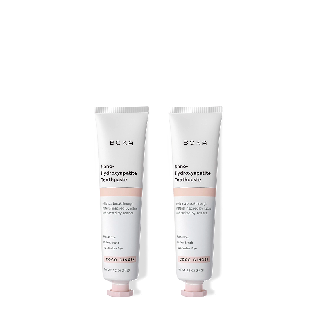 Two tubes of Boka Nano-Hydroxyapatite Toothpaste on a white background