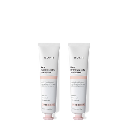 Two tubes of Boka Nano-Hydroxyapatite Toothpaste on a white background