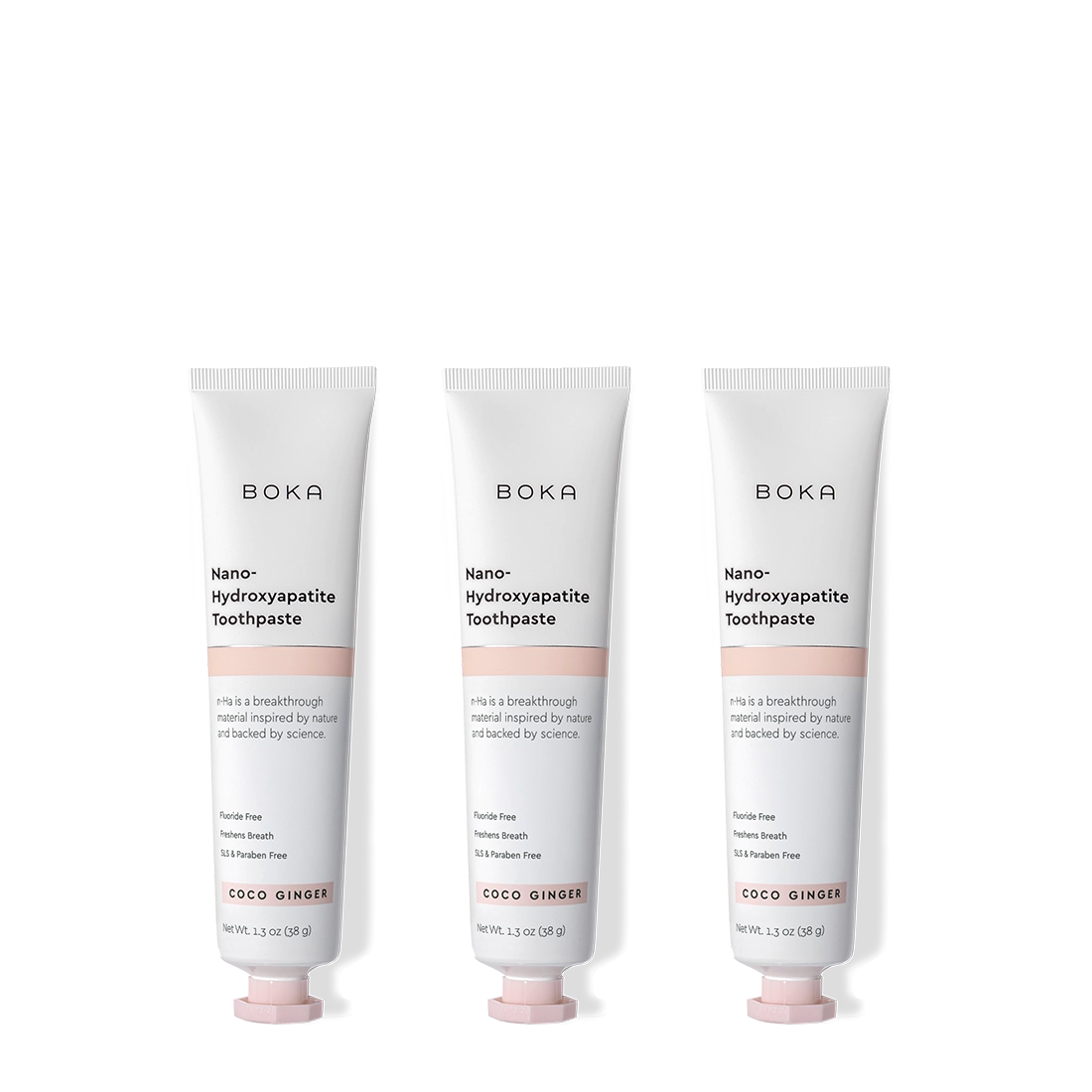 Three tubes of Boka Nano-Hydroxyapatite Toothpaste on a white background