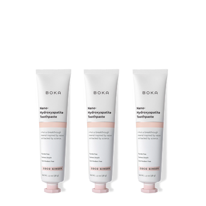 Three tubes of Boka Nano-Hydroxyapatite Toothpaste on a white background