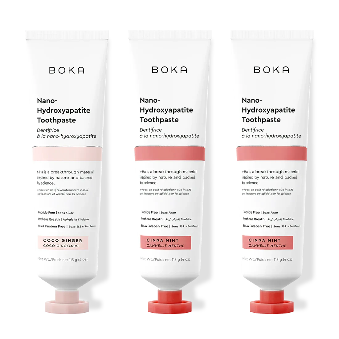 Three tubes of Boka Nano-Hydroxyapatite Toothpaste with different flavors on a white background.