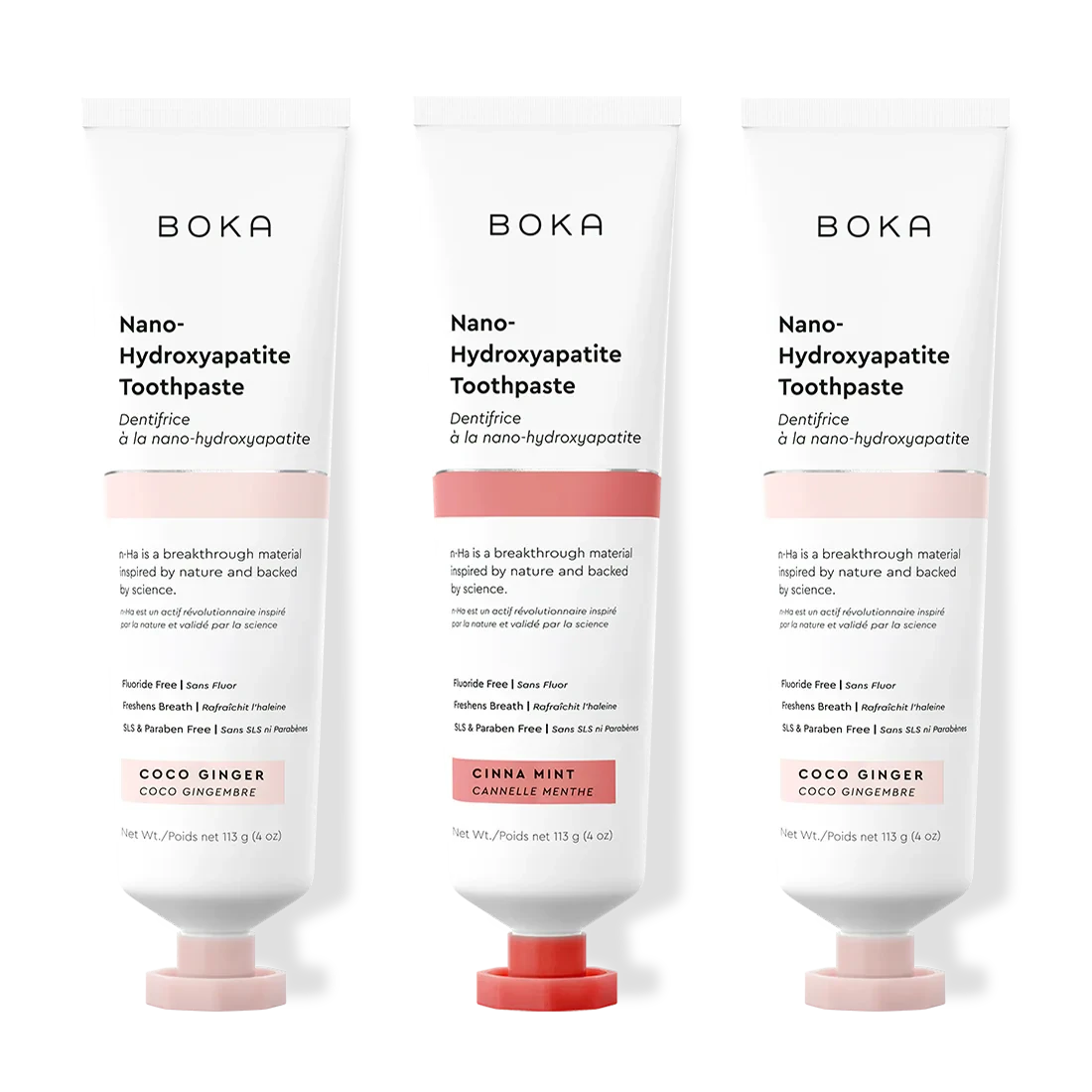 Three tubes of Boka Nano-Hydroxyapatite Toothpaste with different flavors on a white background.