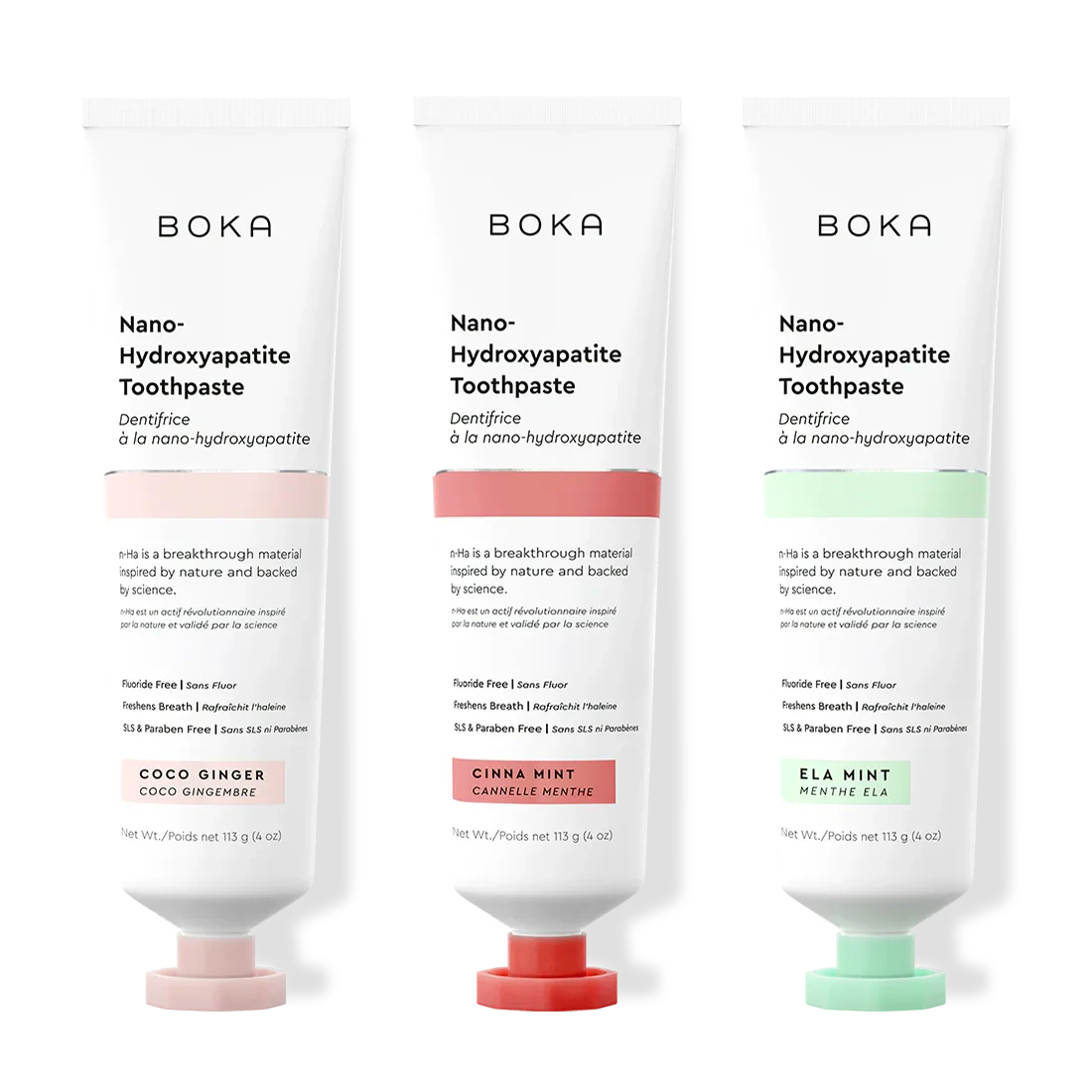 Three tubes of Boka Nano-Hydroxyapatite Toothpaste with different flavors on a white background.