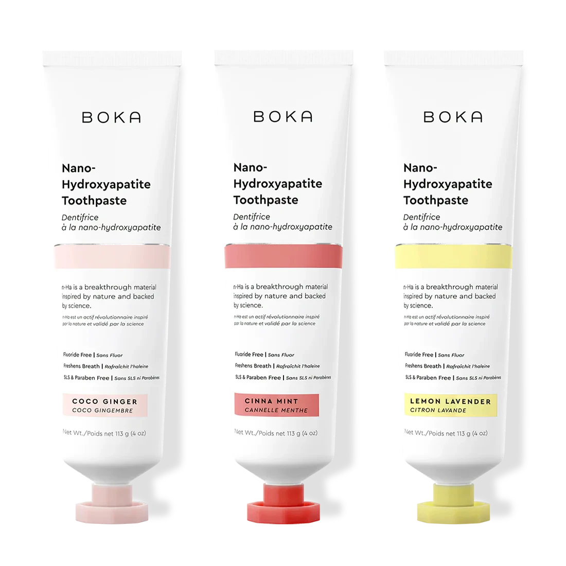 Three tubes of Boka Nano-Hydroxyapatite Toothpaste with different flavors on a white background.