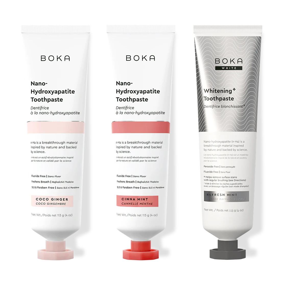 Three bottles of Boka Nano-Hydroxyapatite Toothpaste on a white background