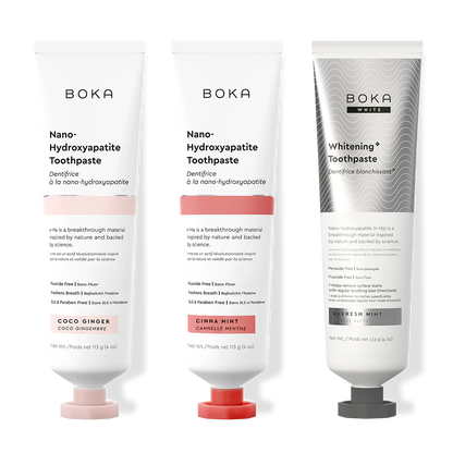 Three bottles of Boka Nano-Hydroxyapatite Toothpaste on a white background