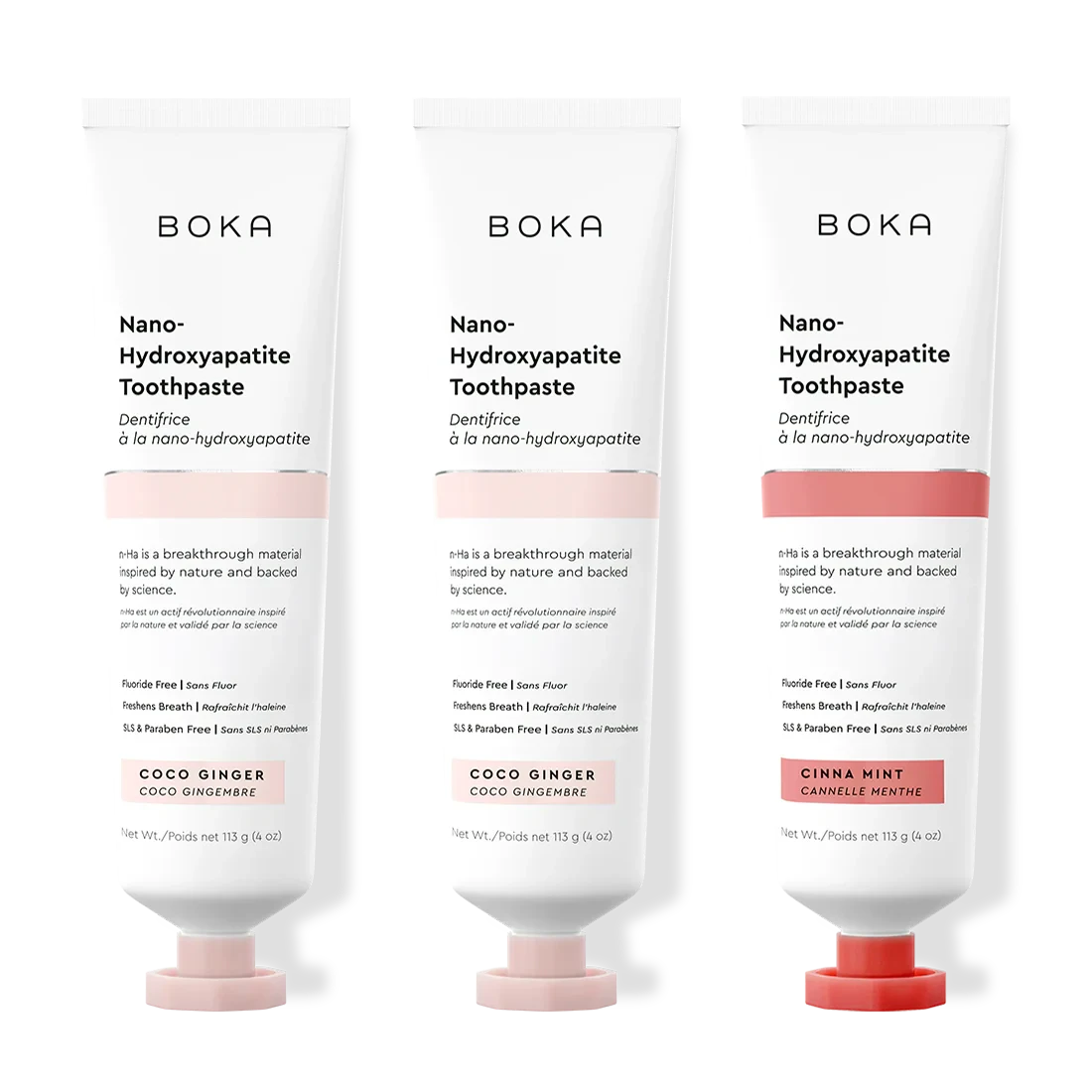 Three tubes of Boka Nano-Hydroxyapatite Toothpaste with different flavors on a white background.