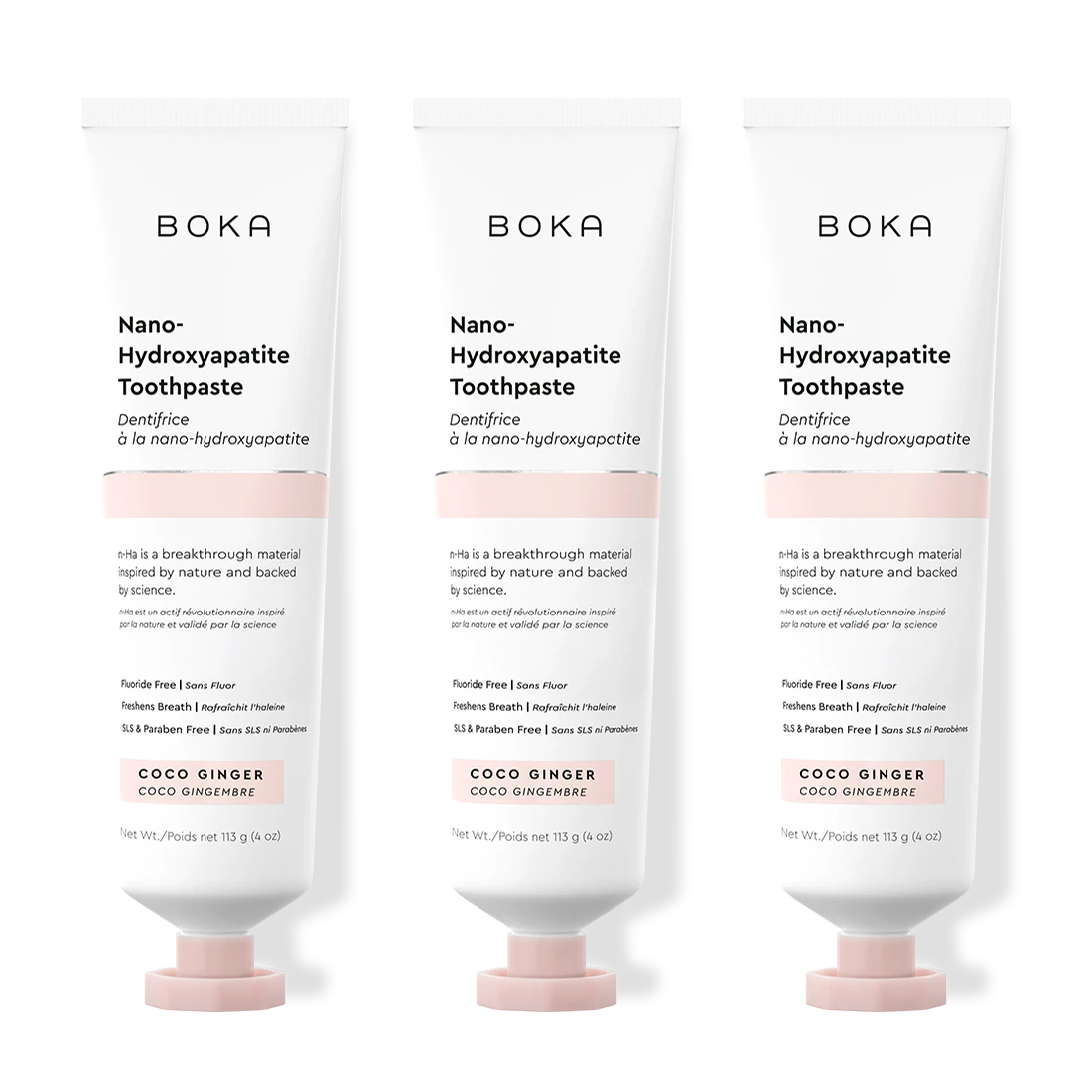 Three bottles of Boka Nano-Hydroxyapatite Toothpaste on a white background