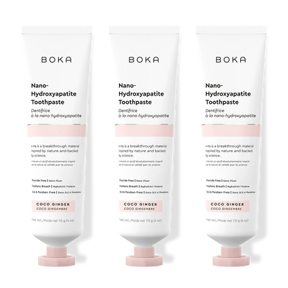 Three bottles of Boka Nano-Hydroxyapatite Toothpaste on a white background
