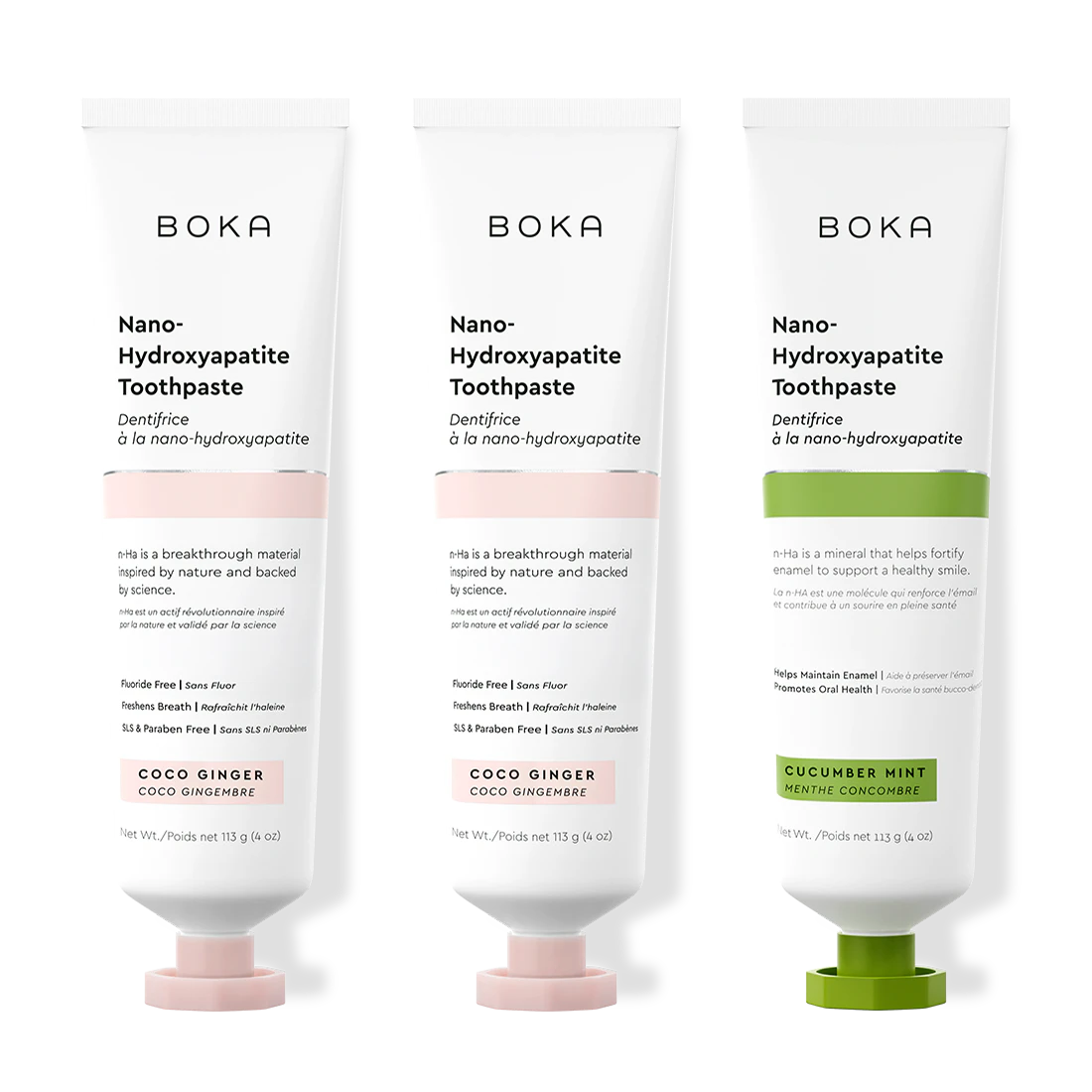 Three bottles of Boka Nano-Hydroxyapatite Toothpaste on a white background