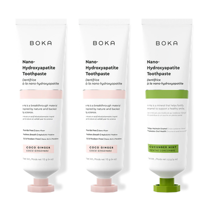 Three bottles of Boka Nano-Hydroxyapatite Toothpaste on a white background