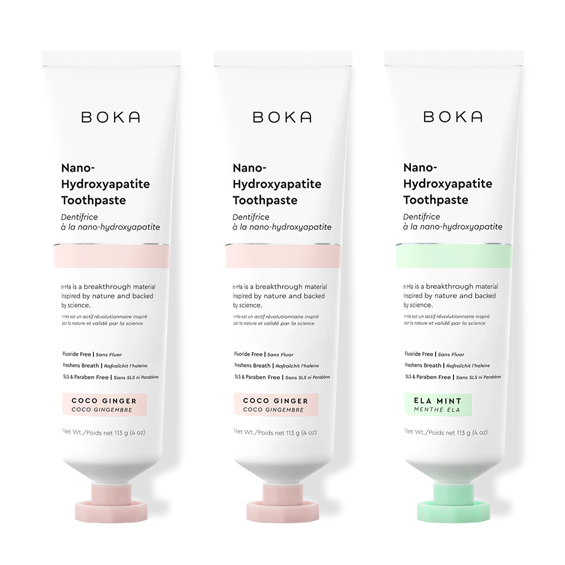 Three tubes of Boka Nano-Hydroxyapatite Toothpaste on a white background