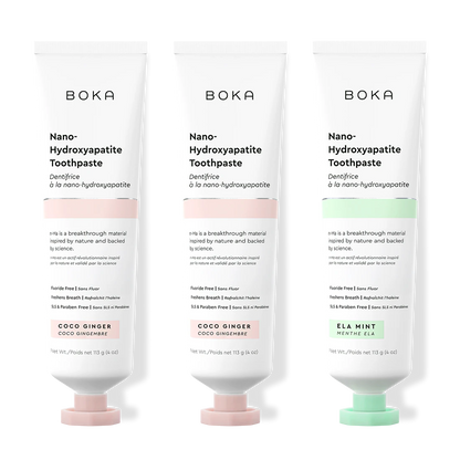 Three tubes of Boka Nano-Hydroxyapatite Toothpaste on a white background