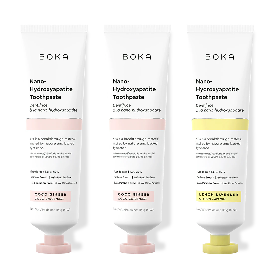 Three bottles of Boka Nano-Hydroxyapatite Toothpaste on a white background