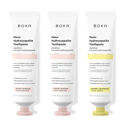 Three bottles of Boka Nano-Hydroxyapatite Toothpaste on a white background