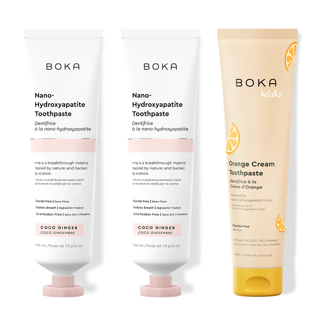 Three bottles of Boka Nano-Hydroxyapatite Toothpaste on a white background