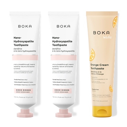 Three bottles of Boka Nano-Hydroxyapatite Toothpaste on a white background