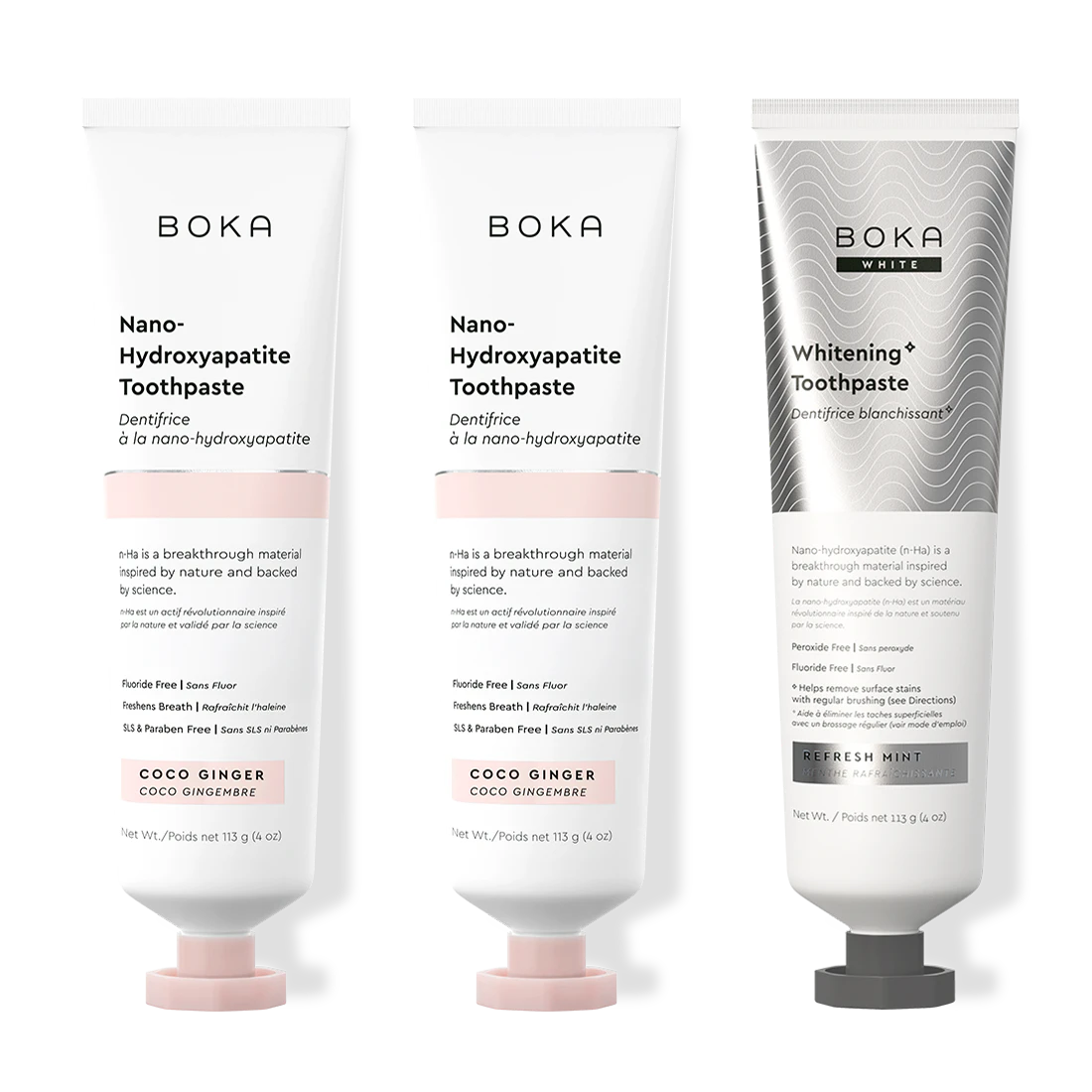 Three bottles of Boka Nano-Hydroxyapatite Toothpaste on a white background
