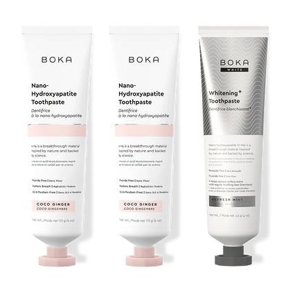 Three bottles of Boka Nano-Hydroxyapatite Toothpaste on a white background