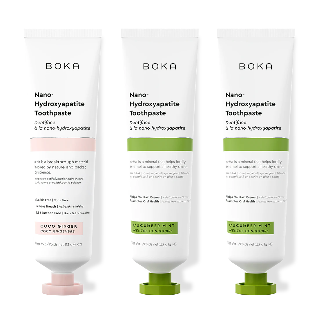 Three bottles of Boka Nano-Hydroxyapatite Toothpaste on a white background