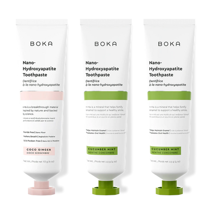 Three bottles of Boka Nano-Hydroxyapatite Toothpaste on a white background