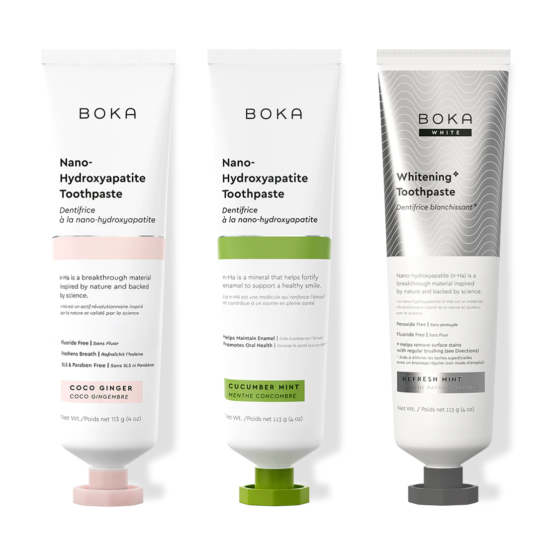 Three bottles of Boka Nano-Hydroxyapatite Toothpaste on a white background