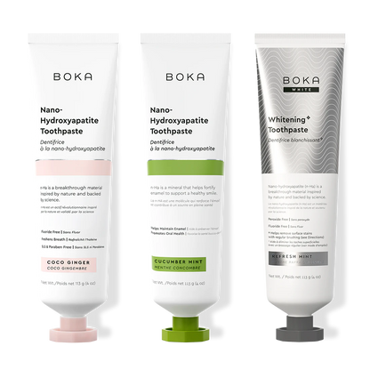 Three bottles of Boka Nano-Hydroxyapatite Toothpaste on a white background