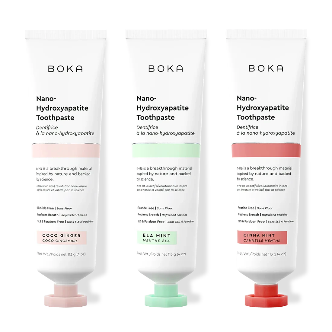 Three tubes of Boka Nano-Hydroxyapatite Toothpaste with different flavors on a white background.