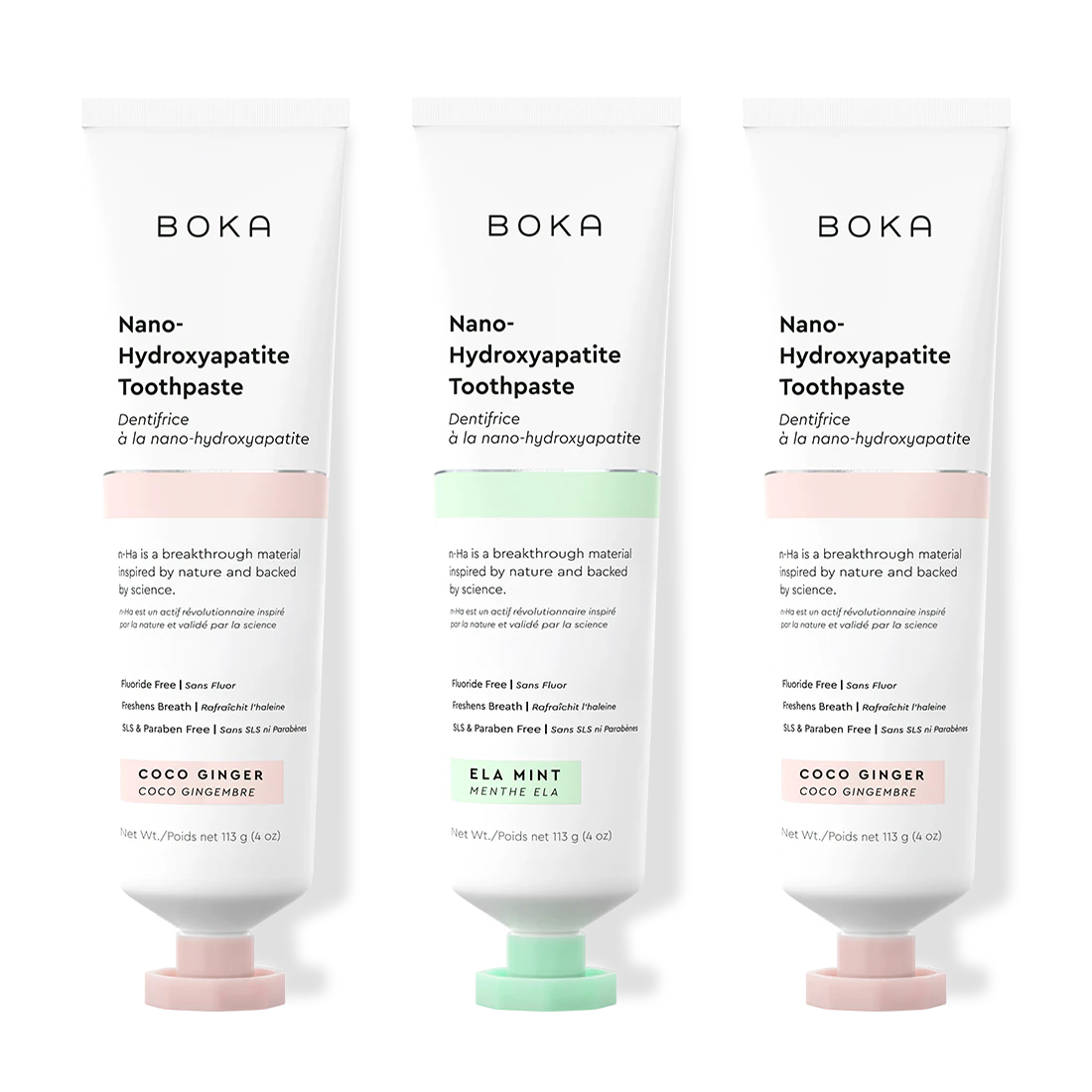 Three tubes of Boka Nano-Hydroxyapatite Toothpaste on a white background