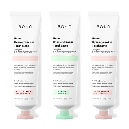 Three tubes of Boka Nano-Hydroxyapatite Toothpaste on a white background