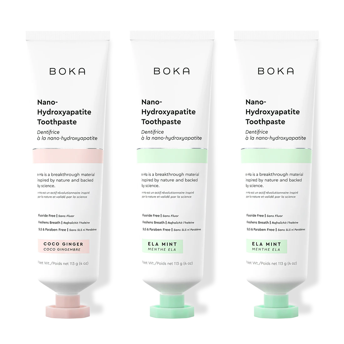 Three tubes of Boka Nano-Hydroxyapatite Toothpaste on a white background