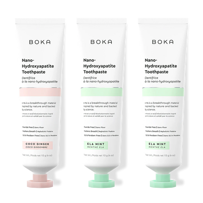 Three tubes of Boka Nano-Hydroxyapatite Toothpaste on a white background