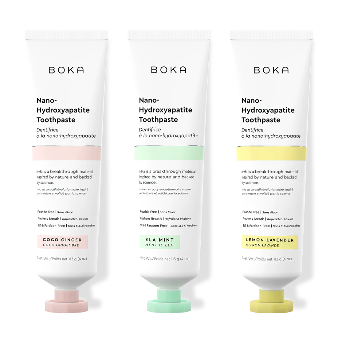 Three tubes of Boka Nano-Hydroxyapatite Toothpaste on a white background