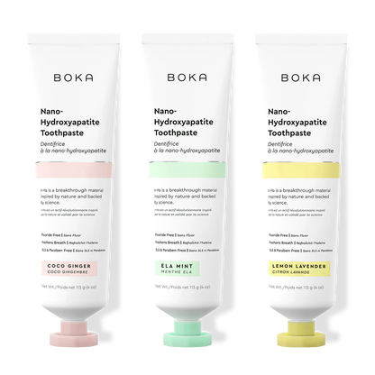 Three tubes of Boka Nano-Hydroxyapatite Toothpaste on a white background
