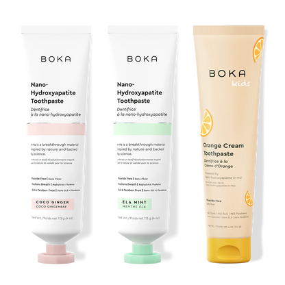 Three tubes of Boka Nano-Hydroxyapatite Toothpaste on a white background