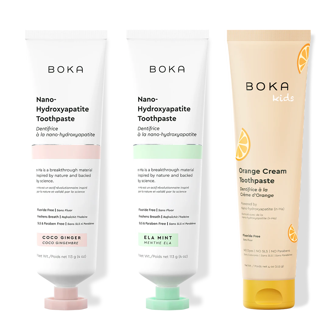 Three bottles of Boka Nano-Hydroxyapatite Toothpaste on a white background